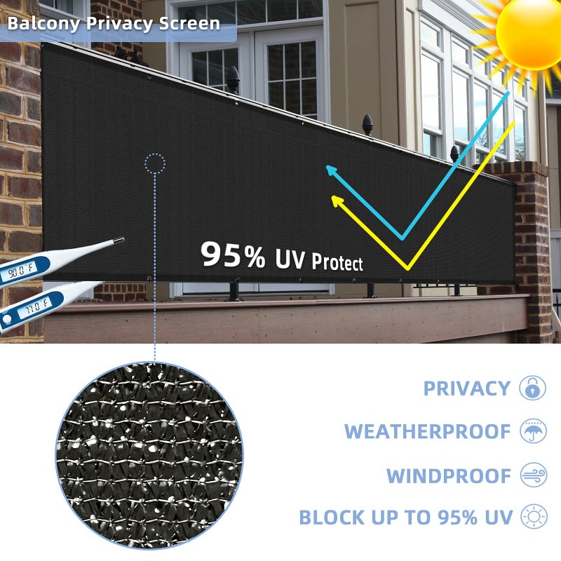 GardenLux 3'x10'شرفة غطاء شاشة الخصوصية غطاء السياج حماية من الأشعة فوق البنفسجية مانعة لتسرب الماء الزجاج الأمامي الثقيلة للفناء الفناء الخلفي الأسود - Image 2